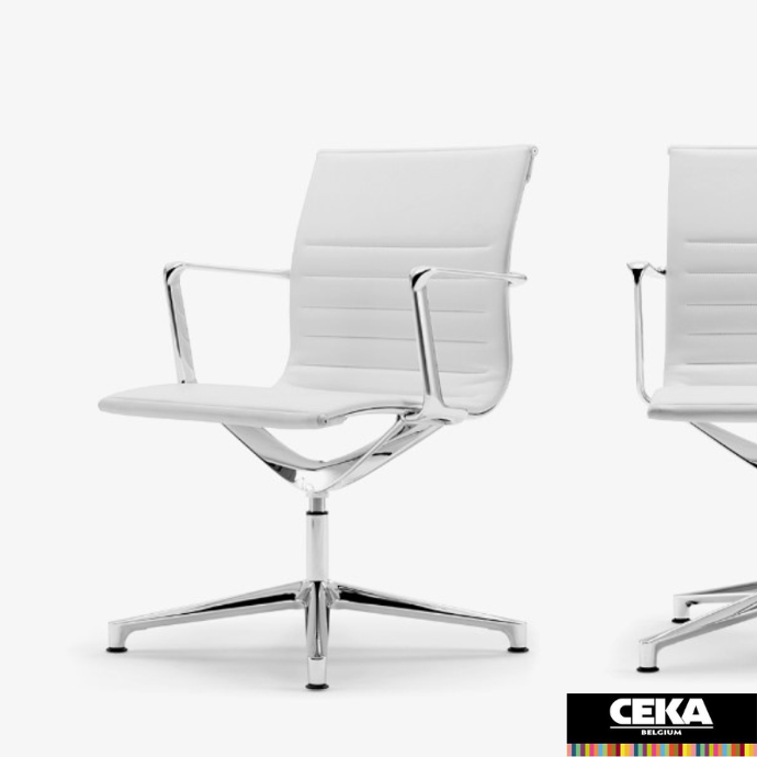 chaise réunion UNA ICF étoile 4 branches cuir blanc aluminium poli chrome